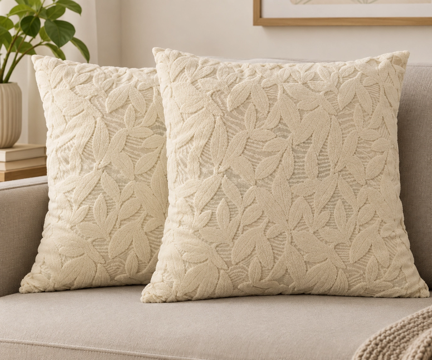 Textured Botanical Leaf Poly Jacquard Cushion Cover - 20x20 Cream 2 pc
